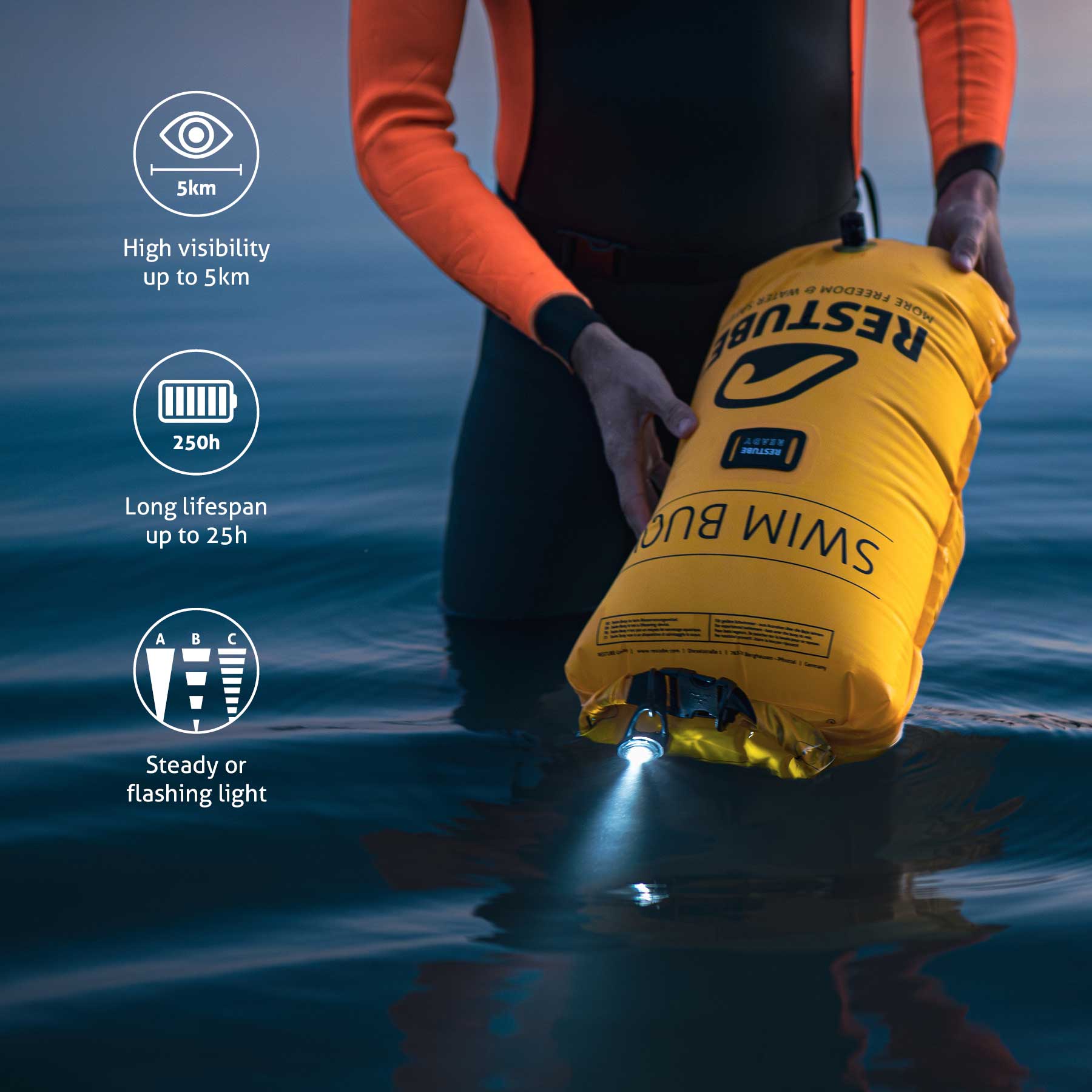 LED with visibility of up to 5km, long lifespan up to 25h and different lightmodes